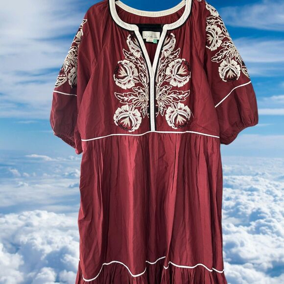 Anthropologie Gretel Embroidered Maxi Dress Maroon White 1X - Picture 3 of 11